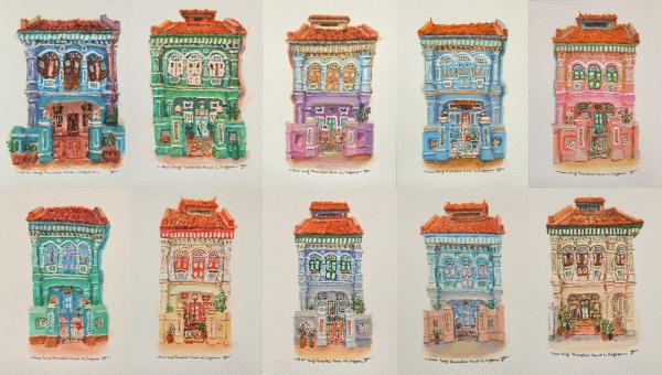 Koon Seng Peranakan House i to x - @7x5in - acrylic paper '24 - singapore joo chiat/koon seng - SOLD