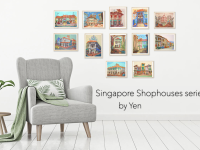 Singapore Art Poster of Katong Shophouses Street Painting with Traditional Peranakan Rumah Bebe Shop, a Vibrant Asia Travel Souvenir Print
