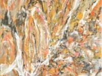 Chinese waterfall landscape painting in abstract Impressionist style with warm orange colours