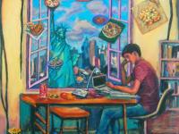 Whimsical Window Painting - Singapore Boy Studying - Statue of Liberty - New York City - Original Canvas Art - Singapore Food Heritage Art