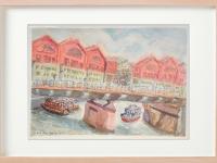 Singapore landscape watercolor painting - Boat Quay Riverside Point - original artwork - boats bridge scenery - whimsical impressionist art