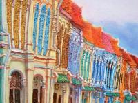 Emerald Hill Shophouses Oil Painting: Singapore Peranakan Heritage Street at Orchard Road with Colorful Vintage Cars