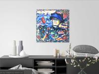 Haenyo - Colorful Korean Woman Diver Portrait Painting Original Oil Art, with jeju island blue sea coast in surreal abstract expressionism
