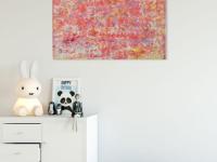 Itsy Bitsy abstract acrylic painting, pink textural impasto art, an original canvas artwork of pastel colors and whimsical musical notes