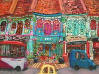 Singapore Katong Peranakan Shophouses Landscape Oil Painting - City Street Heritage Artwork - Vibrant Cityscape - Original Home Art Decor
