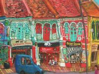 Singapore Katong Peranakan Shophouses Landscape Oil Painting - City Street Heritage Artwork - Vibrant Cityscape - Original Home Art Decor