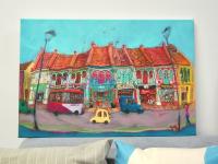 Singapore Katong Peranakan Shophouses Landscape Oil Painting - City Street Heritage Artwork - Vibrant Cityscape - Original Home Art Decor