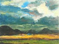 Haven -Impressionist Iceland Landscape Oil Painting of mountain storm clouds on the plains, with impasto surreal scenery of Icelandic houses