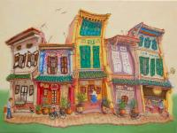 Singapore Traditional Chinese Shophouses Landscape Oil Painting - Vibrant City Heritage Architecture - Original Artwork for Unique Home Decor