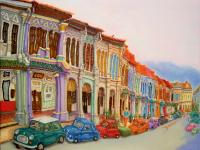 Emerald Hill Shophouses Oil Painting: Singapore Peranakan Heritage Street at Orchard Road with Colorful Vintage Cars