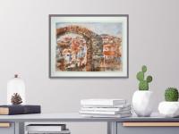 Spain Ronda landscape original watercolor painting art of Spanish city white houses with architectural brick arch in impressionist orange blue hues