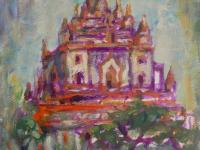 Myanmar Old Bagan majestic temple ruins, original expressionist acrylic painting in bold fauvist colors, plein air artwork