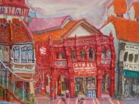 Katong Red House Bakery Vibrant Original Oil Painting by Singapore Artist: an Iconic Conservation Shophouse at Nostalgic Heritage Street