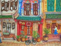 Singapore Traditional Chinese Shophouses Landscape Oil Painting - Vibrant City Heritage Architecture - Original Artwork for Unique Home Decor