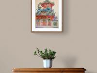 Singapore Chinese Temple Watercolor Painting: Thian Hock Keng Hokkien Temple, Historic Architectural Art
