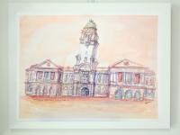 Singapore watercolor painting - Victoria Theatre Concert Hall - original artwork - Singapore icon - whimsical building - impressionism art