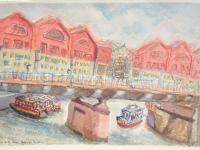 Singapore landscape watercolor painting - Boat Quay Riverside Point - original artwork - boats bridge scenery - whimsical impressionist art
