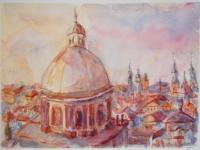Prague Dome Cityscape - Original Watercolor Impressionist Landscape Painting Fine Art, Warm, European, Czech, Sunset, Architectural, Pastel