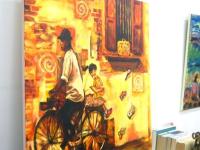 My Schoolbag -little girl on bicycle to school original art nostalgic painting of childhood memory, whimsical chinese heritage street window