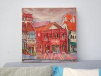 Katong Red House Bakery Vibrant Original Oil Painting by Singapore Artist: an Iconic Conservation Shophouse at Nostalgic Heritage Street