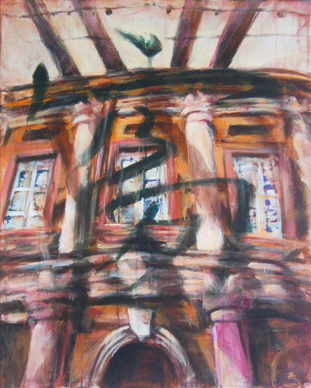 Chuang Window - whimsical impressionist original acrylic painting of National Gallery Singapore building architecture with chinese character