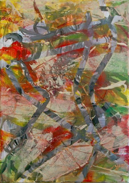 Pond - warm oriental chinese theme abstract original art painting, modern acrylic artwork on canvas, with splashes of of green lotus and red koi fishes