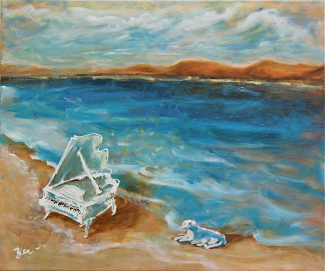 Piano Story Whimsical Music Art Painting - Dog Beach Impressionist Sea Landscape Fantasy - Blue Original Artwork Decor - Nature And Music