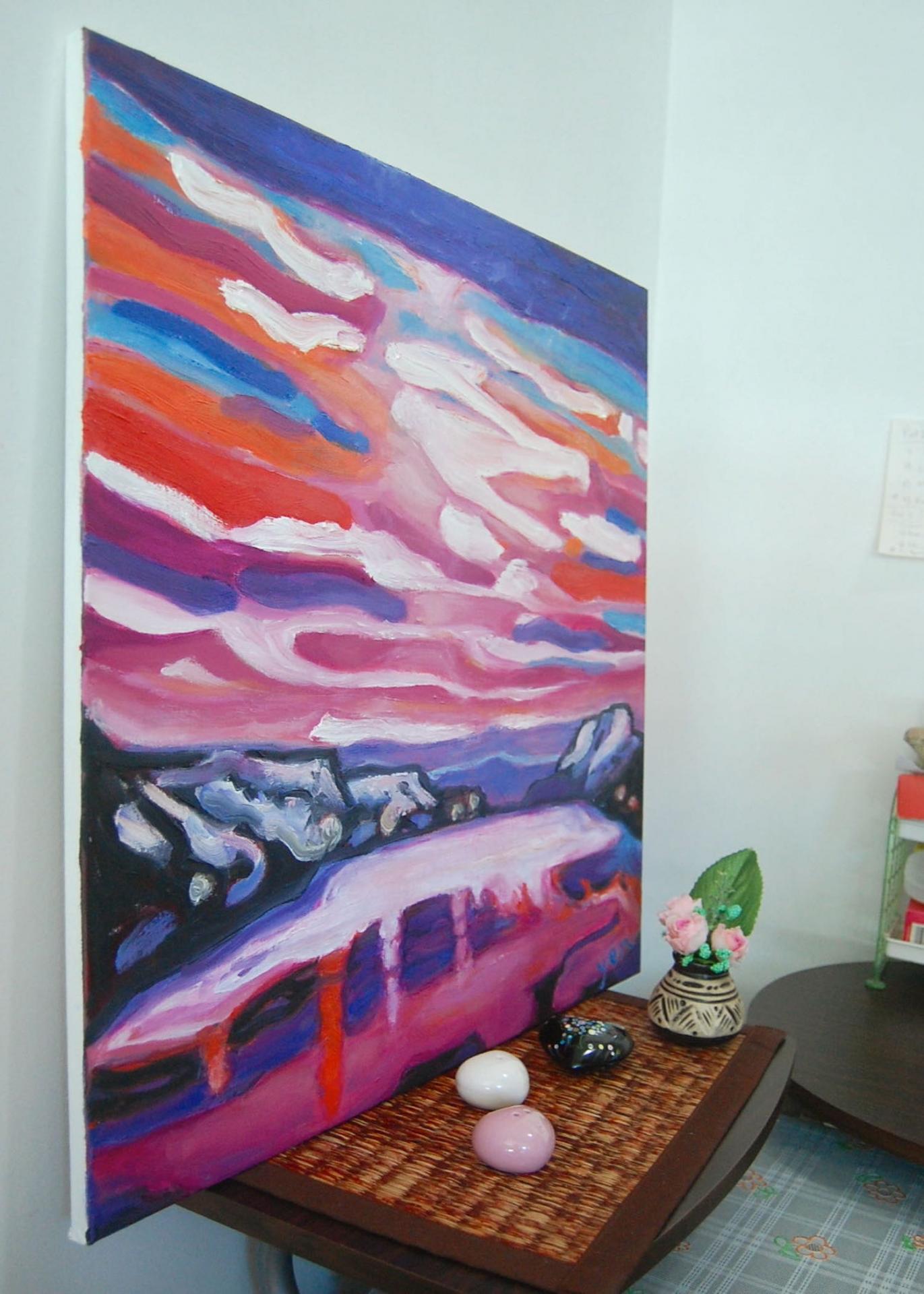 Akureyri -Iceland Winter Landscape Oil Painting, Van Gogh style, Snow Mountains, Sunset Sky, White Lake, Purple, Pink, Beautiful Scenery Art