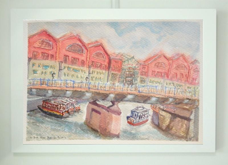 Singapore landscape watercolor painting - Boat Quay Riverside Point - original artwork - boats bridge scenery - whimsical impressionist art