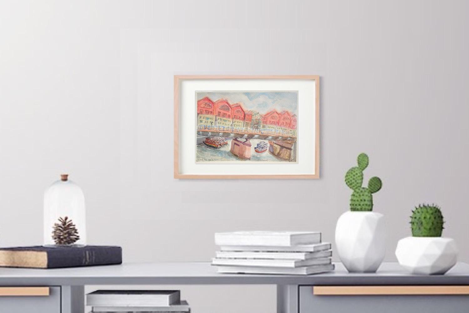 Singapore landscape watercolor painting - Boat Quay Riverside Point - original artwork - boats bridge scenery - whimsical impressionist art
