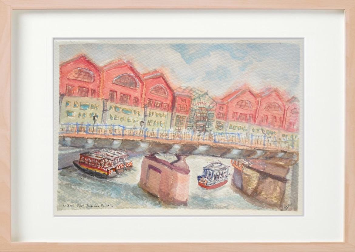 Singapore landscape watercolor painting - Boat Quay Riverside Point - original artwork - boats bridge scenery - whimsical impressionist art
