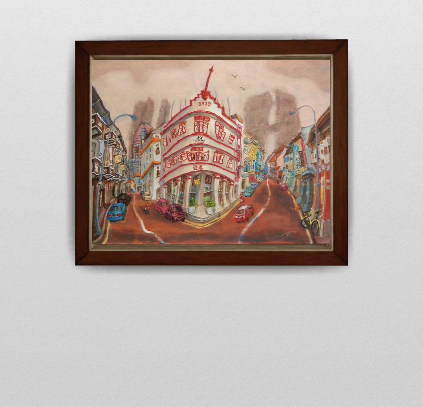 Singapore Chinatown Landscape Oil Painting - Iconic Shophouse Building - Beautiful Street Cityscape Artwork - Original Art For Office Decor