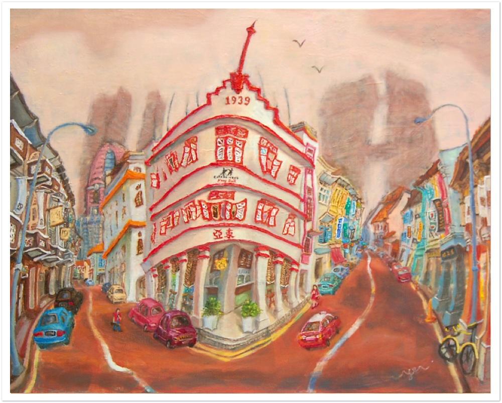 Singapore Poster of Chinatown Keong Saik Road Shophouse Painting by Local Artist, Unique Asia Travel Print Gift of Red Iconic Building