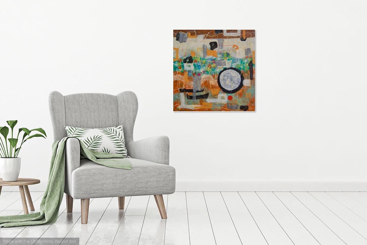 Deep Thoughts zen figures landscape abstract painting oil art with zen circles, warm earthy patterns orange decor with rich impasto textures