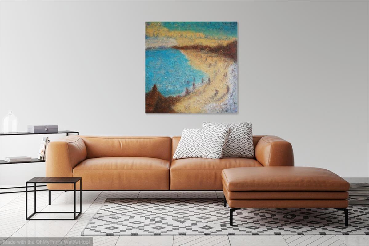 East Coast Dreams, abstract seascape original oil painting wall art of Singapore beach seaside with impasto textures in blue yellow colours