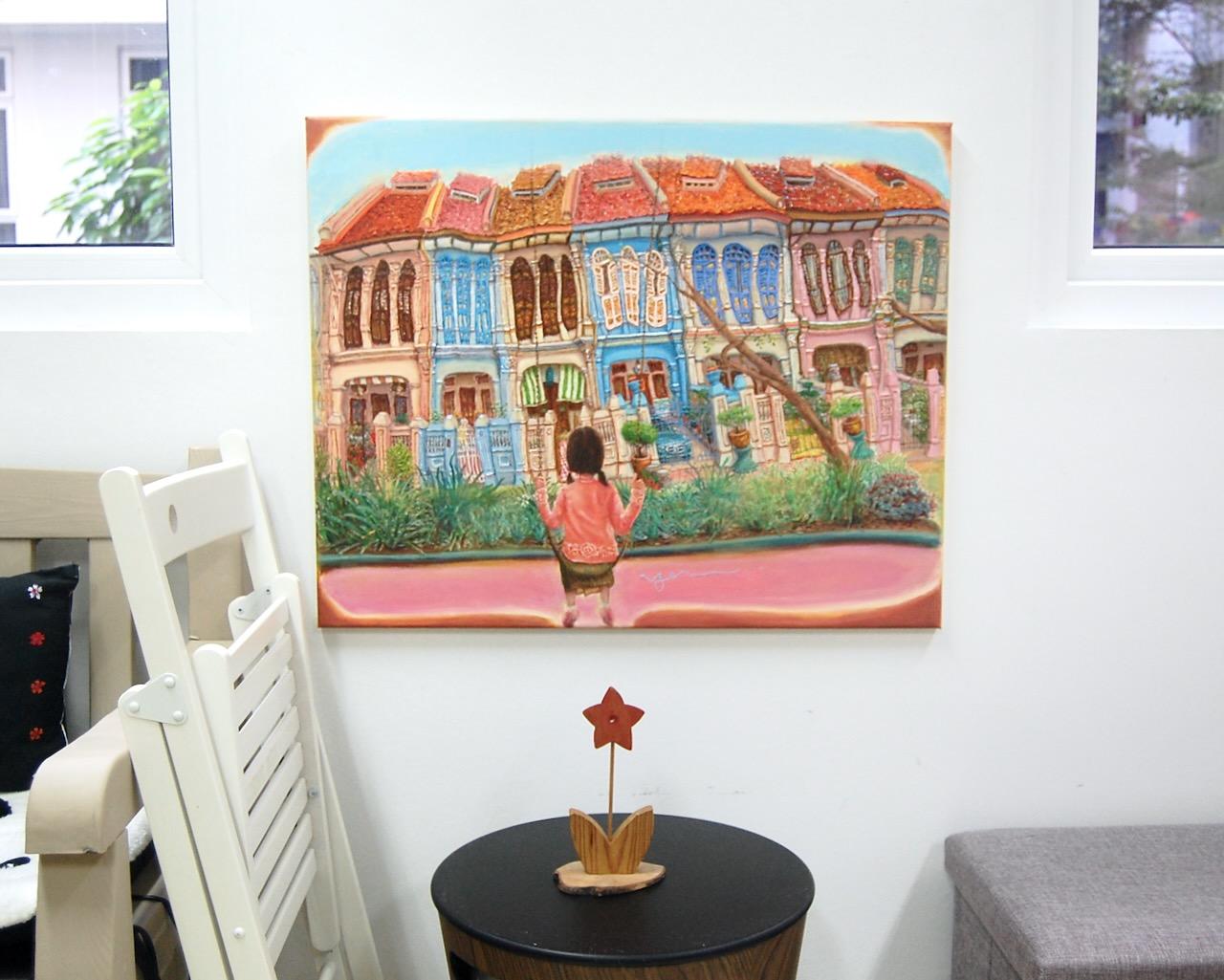 Emerald Hill Shophouses Oil Painting: Singapore Peranakan Heritage Street at Orchard Road with Little Nonya Girl on Swing