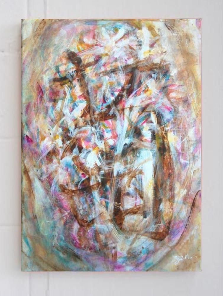 Ju Chrysanthemum - pink pastel floral theme abstract impressionist original painting, modern acrylic artwork on canvas, with chinese character of the flower entwined in the art