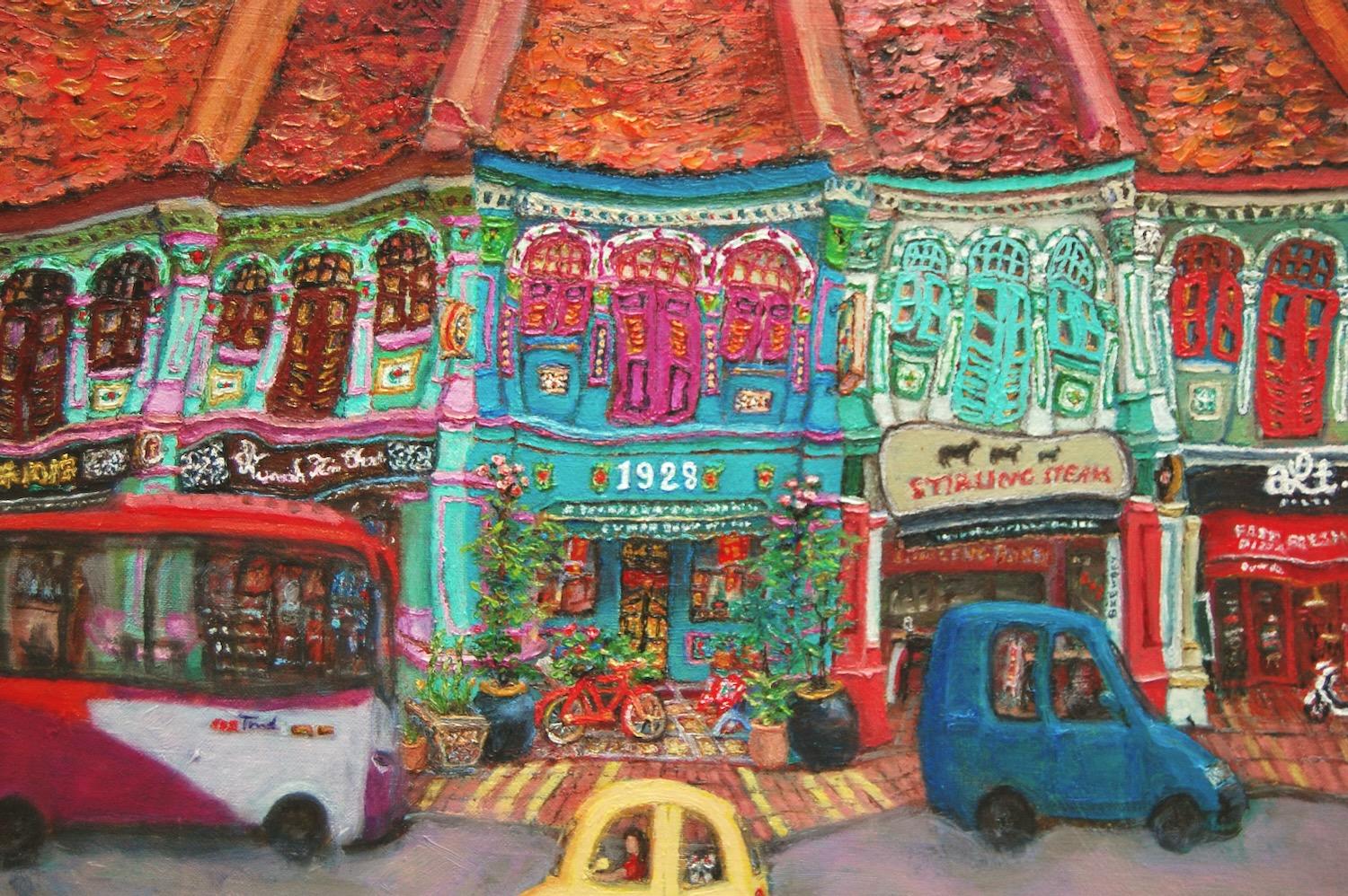 Singapore Katong Peranakan Shophouses Landscape Oil Painting - City Street Heritage Artwork - Vibrant Cityscape - Original Home Art Decor