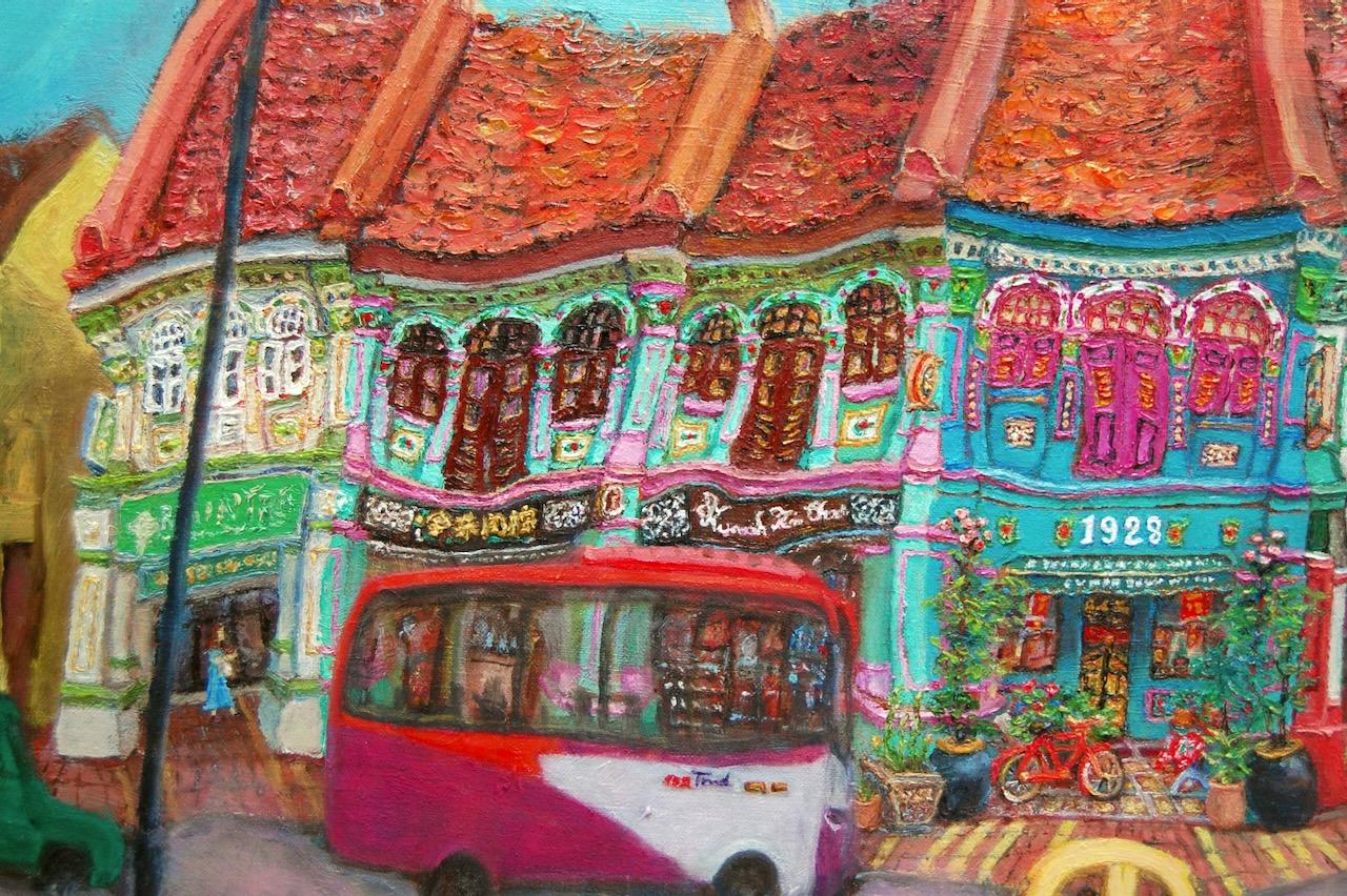 Singapore Katong Peranakan Shophouses Landscape Oil Painting - City Street Heritage Artwork - Vibrant Cityscape - Original Home Art Decor