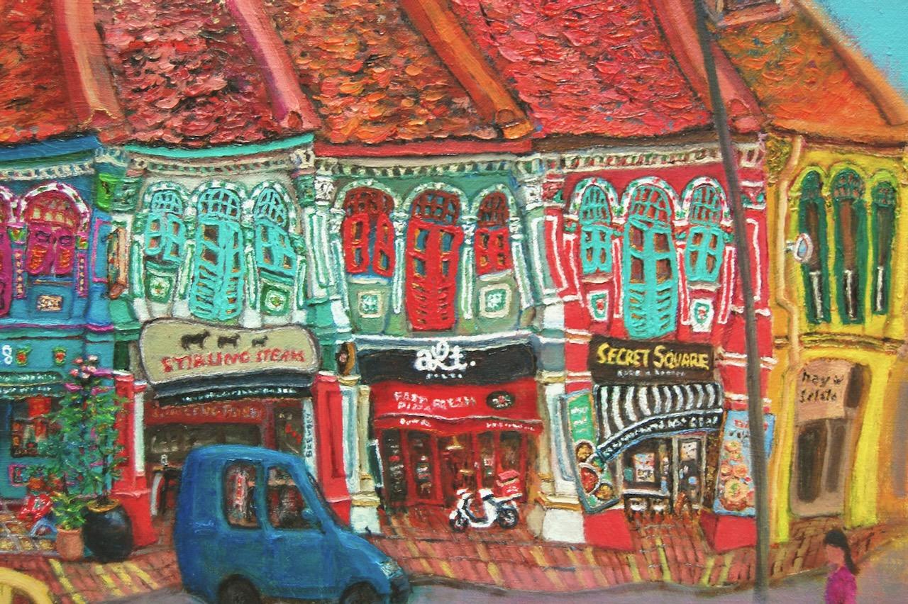 Singapore Katong Peranakan Shophouses Landscape Oil Painting - City Street Heritage Artwork - Vibrant Cityscape - Original Home Art Decor