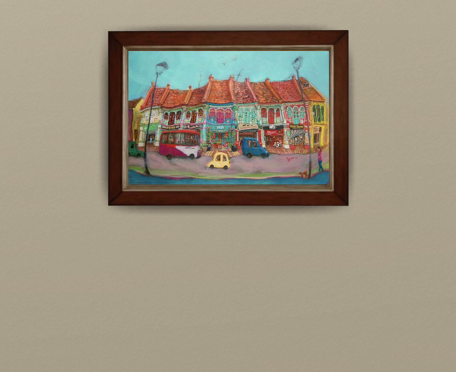 Singapore Katong Peranakan Shophouses Landscape Oil Painting - City Street Heritage Artwork - Vibrant Cityscape - Original Home Art Decor