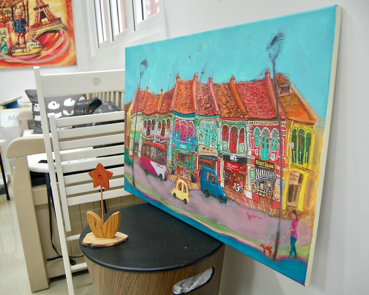 Singapore Katong Peranakan Shophouses Landscape Oil Painting - City Street Heritage Artwork - Vibrant Cityscape - Original Home Art Decor