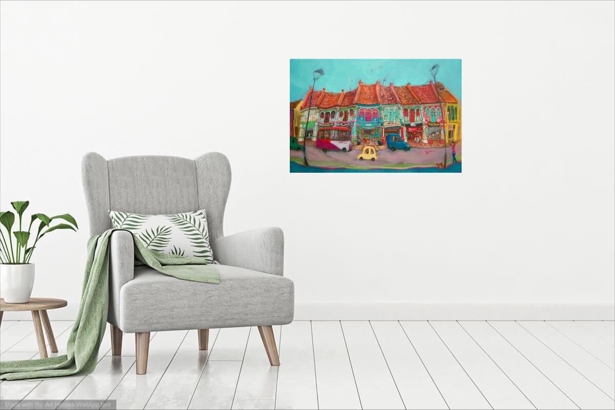 Singapore Katong Peranakan Shophouses Landscape Oil Painting - City Street Heritage Artwork - Vibrant Cityscape - Original Home Art Decor
