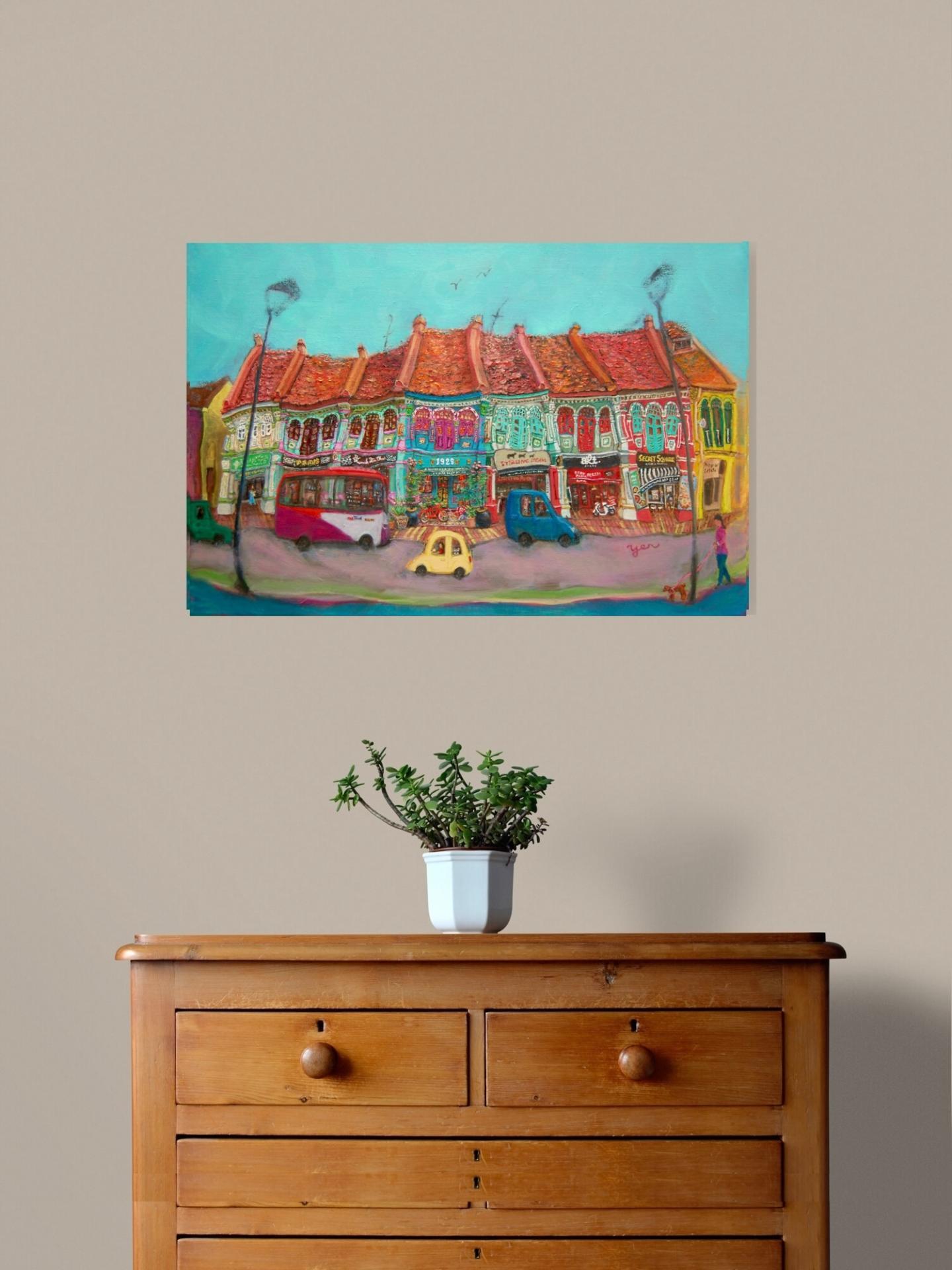 Singapore Katong Peranakan Shophouses Landscape Oil Painting - City Street Heritage Artwork - Vibrant Cityscape - Original Home Art Decor