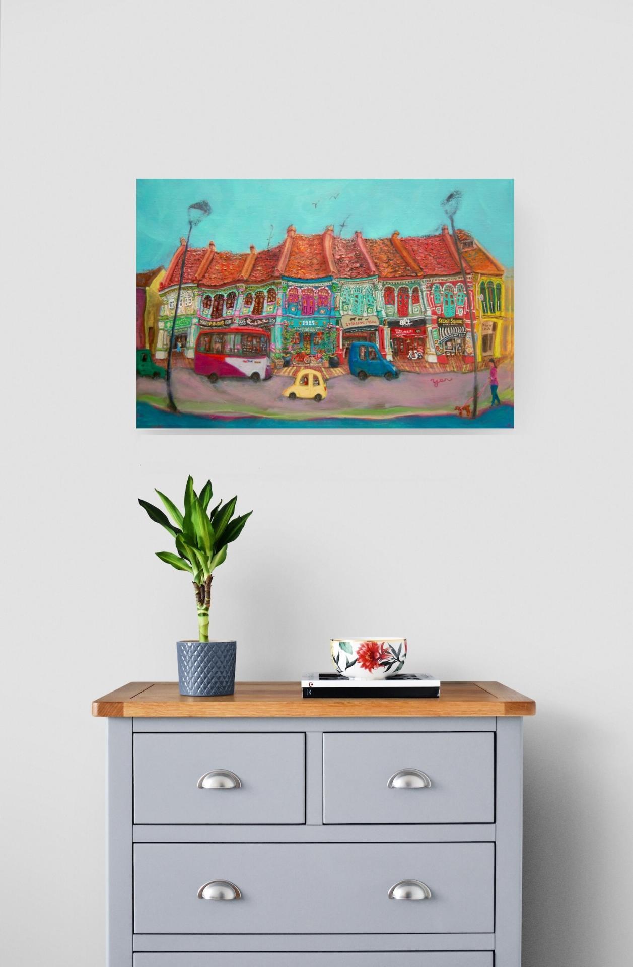 Singapore Katong Peranakan Shophouses Landscape Oil Painting - City Street Heritage Artwork - Vibrant Cityscape - Original Home Art Decor
