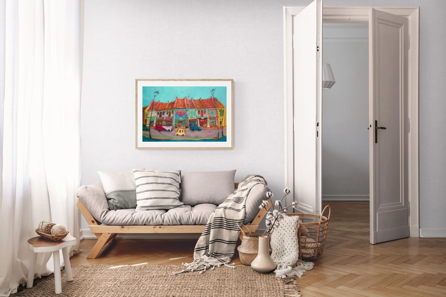 Singapore Katong Peranakan Shophouses Landscape Oil Painting - City Street Heritage Artwork - Vibrant Cityscape - Original Home Art Decor