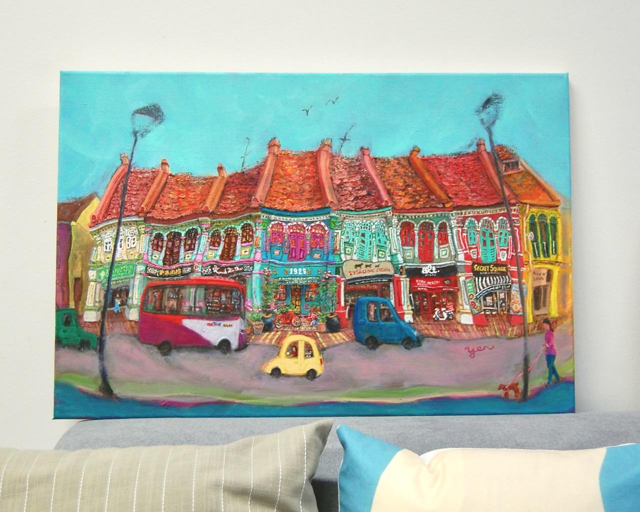 Singapore Katong Peranakan Shophouses Landscape Oil Painting - City Street Heritage Artwork - Vibrant Cityscape - Original Home Art Decor