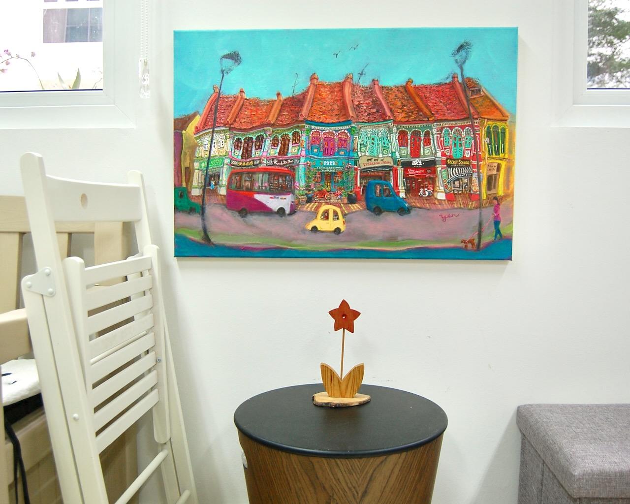 Singapore Katong Peranakan Shophouses Landscape Oil Painting - City Street Heritage Artwork - Vibrant Cityscape - Original Home Art Decor