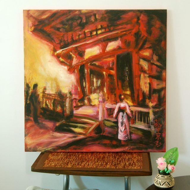 Kyoto Dream - Red Painting, Impressionist, Japanese Temple, Architectural Art, Oil Painting, Woman, Pink Kimono, Surreal Art, Mood Landscape