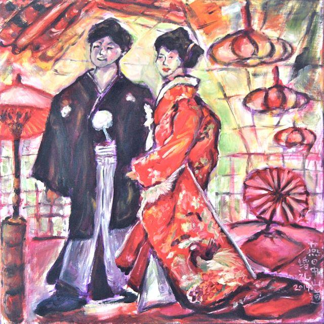 Japanese Wedding Couple - Portrait Painting, Kimono Bride, Traditional Gown, Red Phoenix, Lanterns, Umbrellas, Whimsical, Original Fine Art
